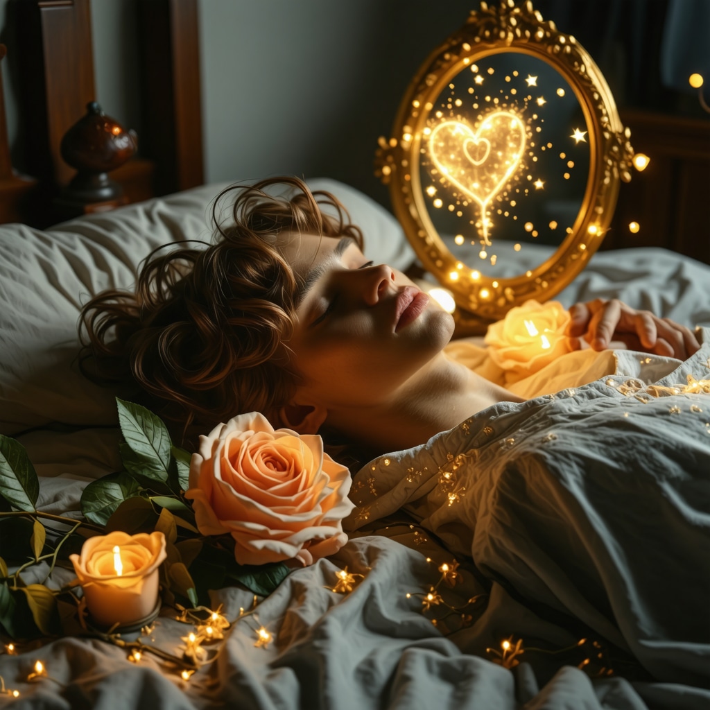 Illustration of symbolic dream elements: heart, rose, and mirror glowing in a serene night setting