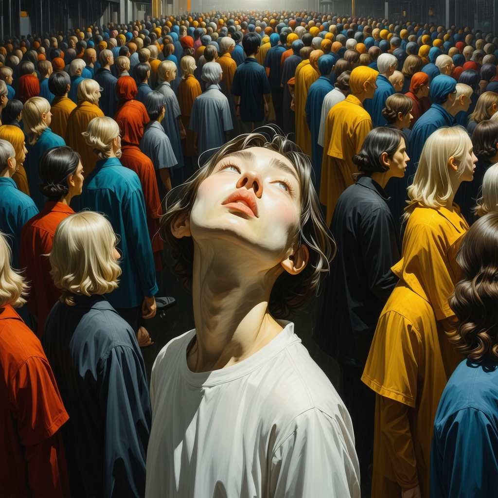Illustration of a person dreaming about being lost in a crowd, with symbolic and surreal elements