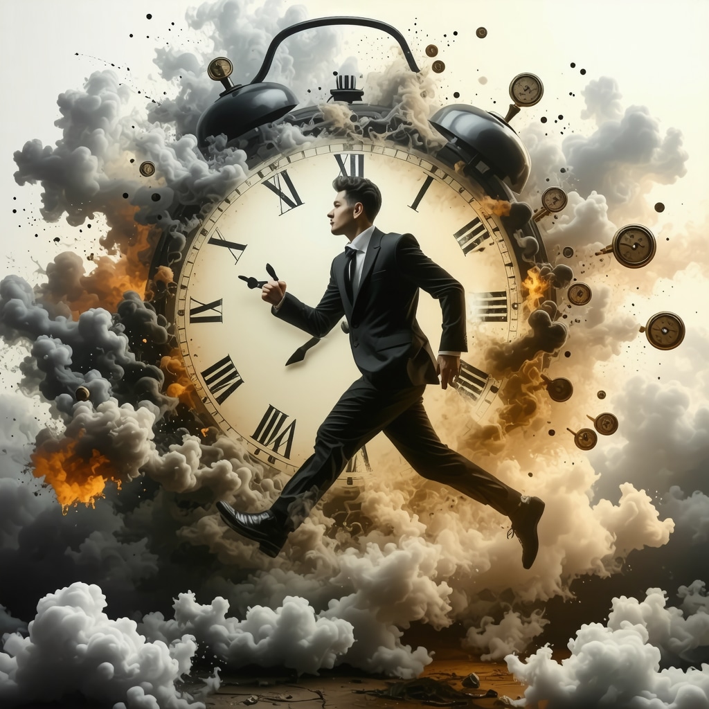 Surreal dreamscape showing melting clocks and a figure running, symbolizing dreams about being late