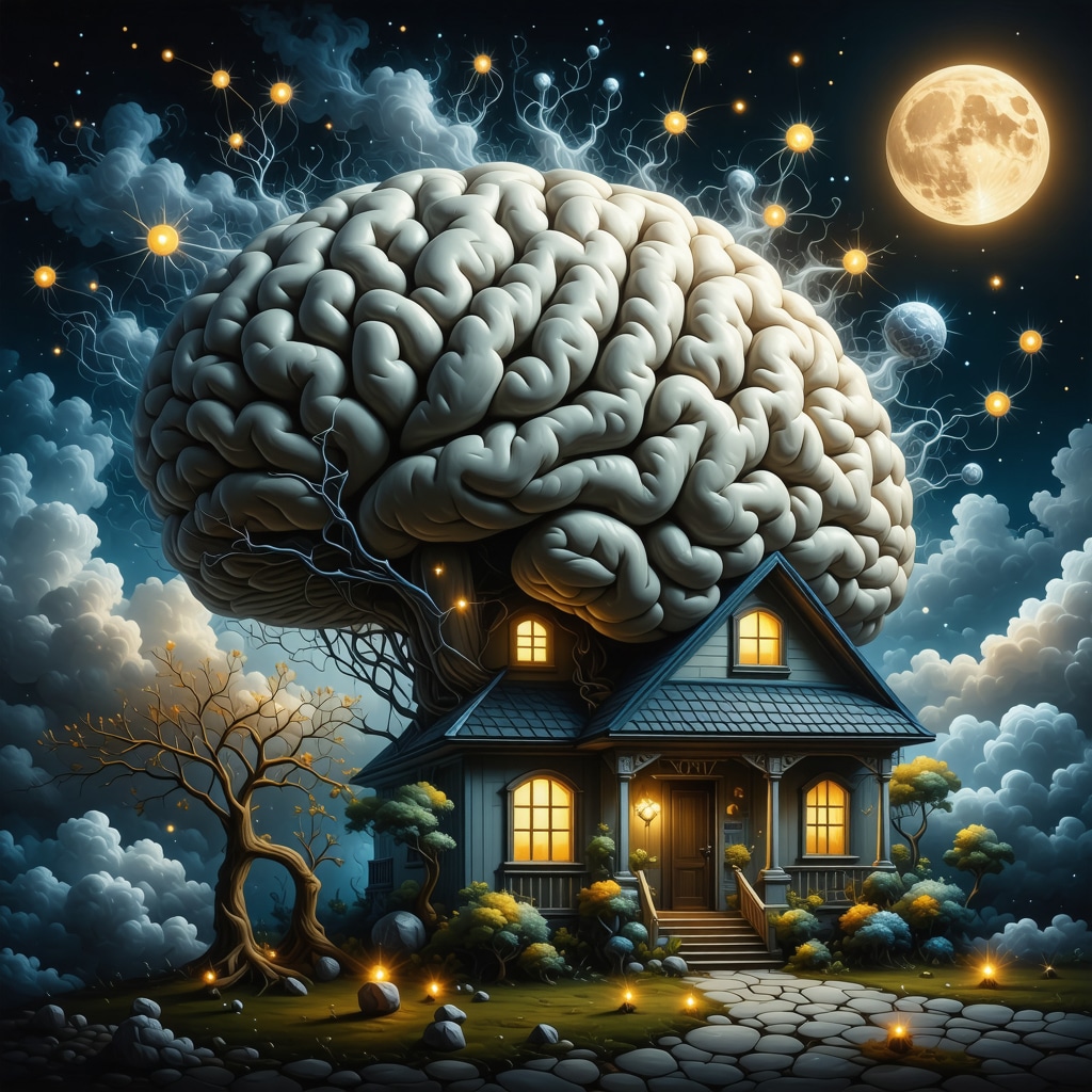 Illustration of brain neural networks activated by childhood home symbols in dreams
