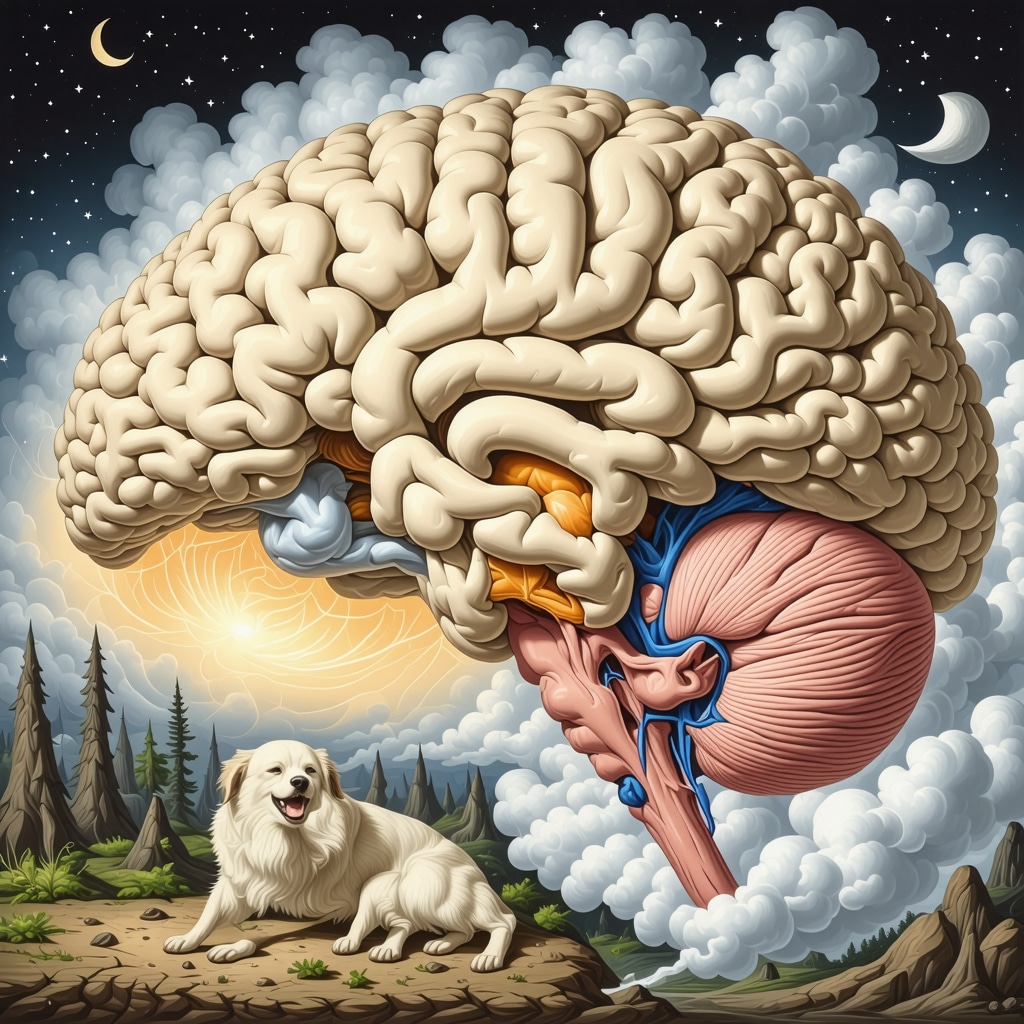Scientific illustration of the amygdala and hippocampus activation during REM sleep with symbolic attacking dog overlay