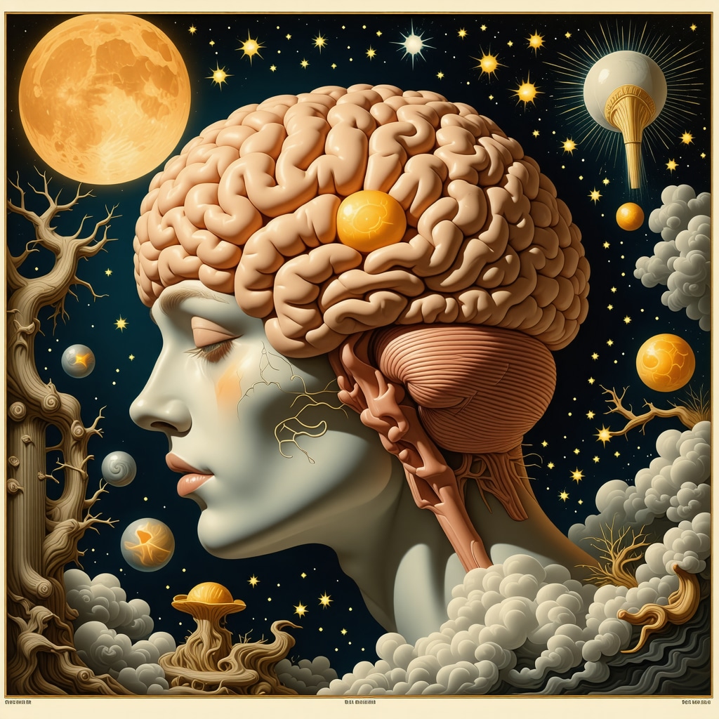 Illustration of brain during REM sleep with limbic system and prefrontal cortex highlighted alongside dream symbols