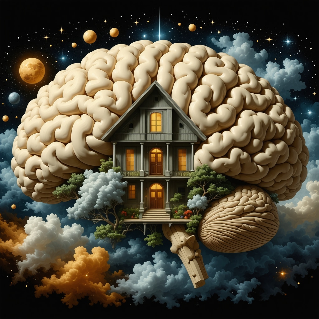 Illustration of brain regions activated during REM sleep overlaid with symbolic house imagery representing dream processing