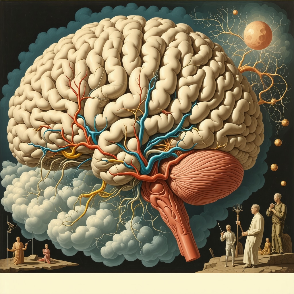 Illustration of brain regions interacting with symbolic doctor figure representing dream symbol processing