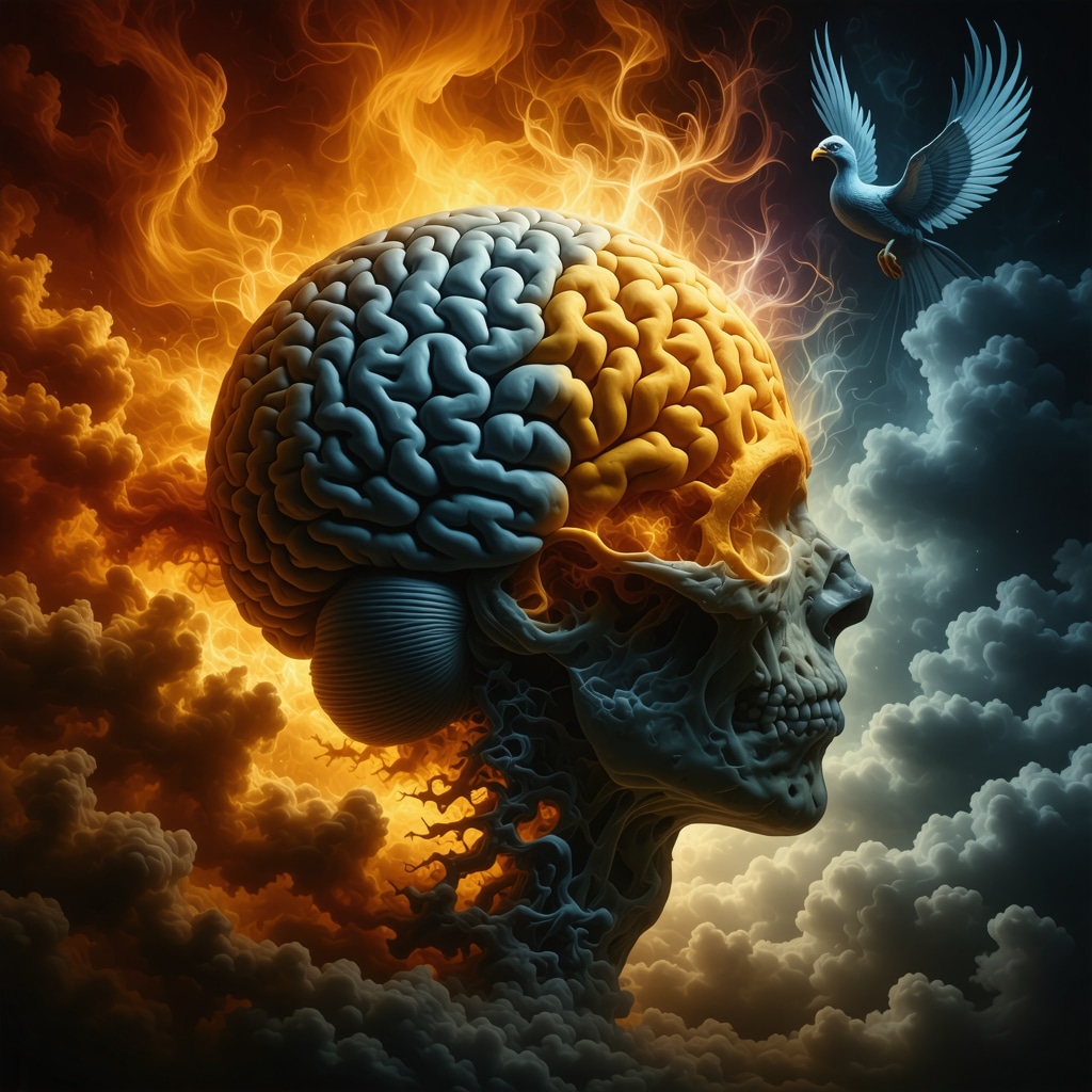 Artistic depiction of brain with death and transformation symbols representing dreaming about death