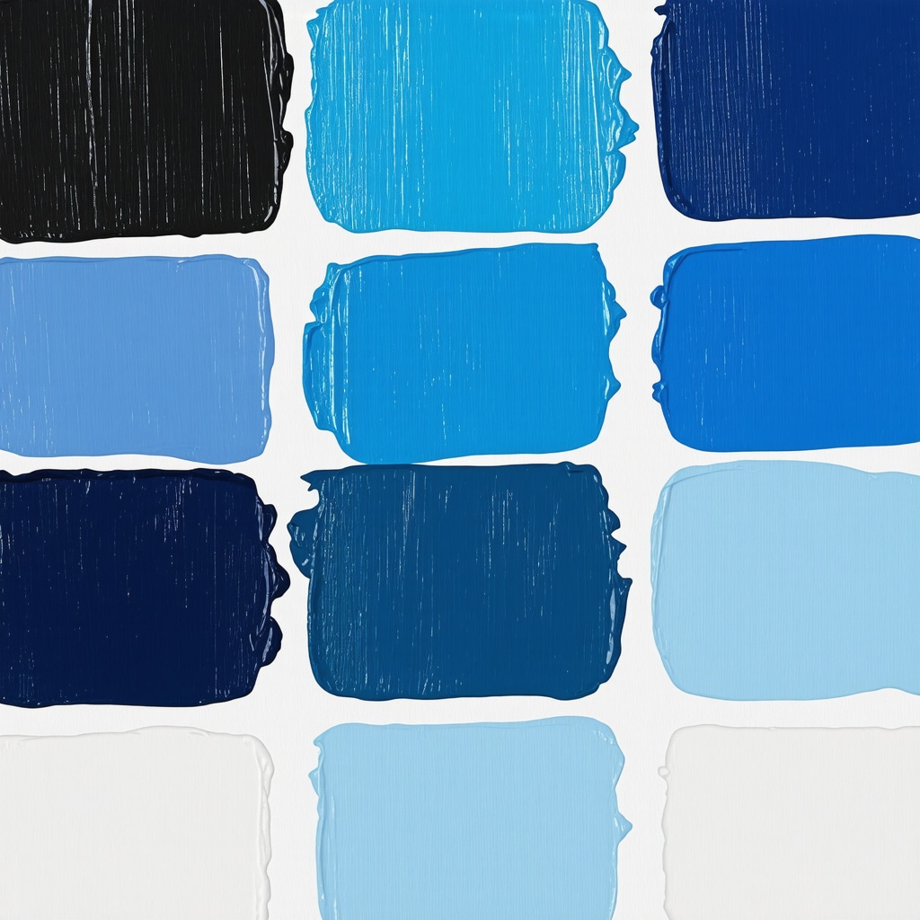 Various shades of blue paint swatches representing inner emotional depth and transformation.