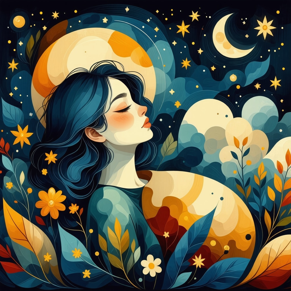 Abstract artwork depicting a woman dreaming about pregnancy with symbolic elements and vibrant colors
