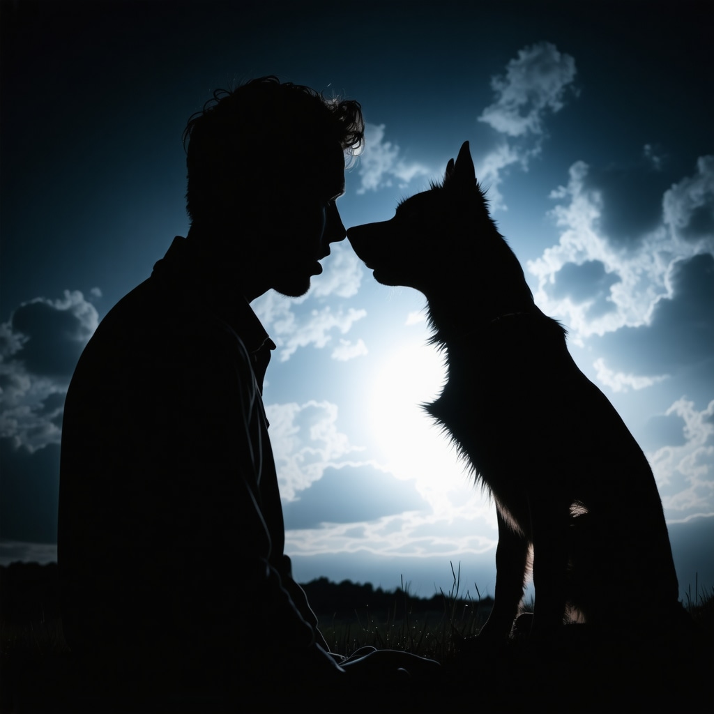 Surreal image showing a human silhouette confronted by a shadowy dog figure symbolizing fear and inner conflict in dreams