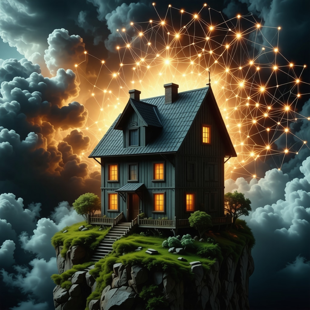Illustration of a dream house symbol with neural network overlays representing brain activity
