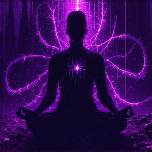 Person meditating with symbolic spider in background for deep dream analysis.