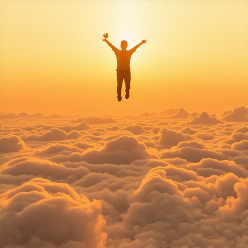 Person flying above clouds symbolizing inner freedom and enlightenment.