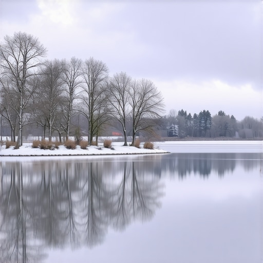 A peaceful winter scene with a frozen lake and snow-covered trees, representing inner peace and transformation