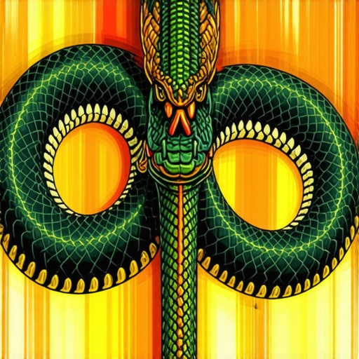 Symbolic snake in spiritual context A detailed artistic depiction of a snake intertwined with spiritual symbols, vibrant colors