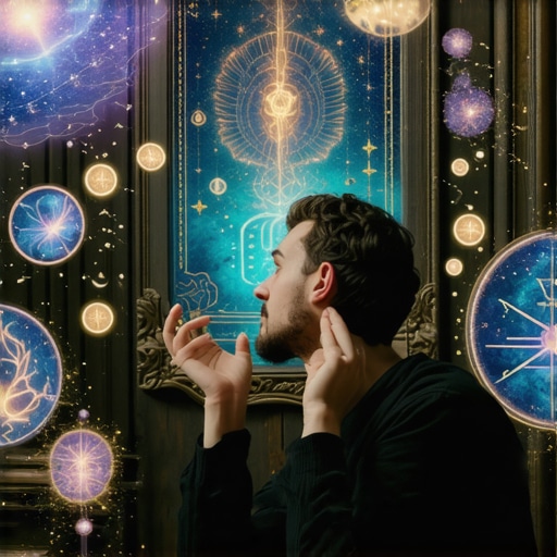Person analyzing dream symbols with mystical imagery around
