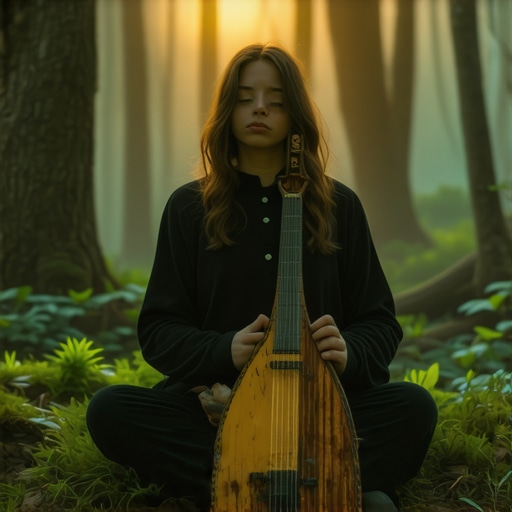 Meditating person with gusle in mystical forest symbolizing inner spiritual journey.