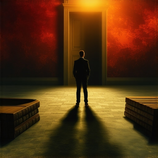 Inner Journey Through Dream Symbols A person in a surreal landscape surrounded by books and doors, symbolizing inner challenges and personal growth.