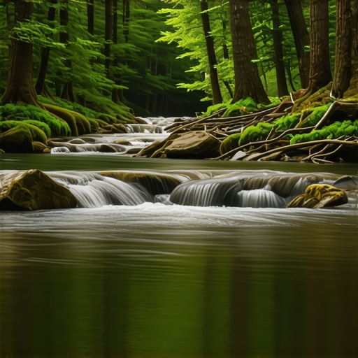 A calm river flowing peacefully through a lush forest, representing inner harmony and spiritual development