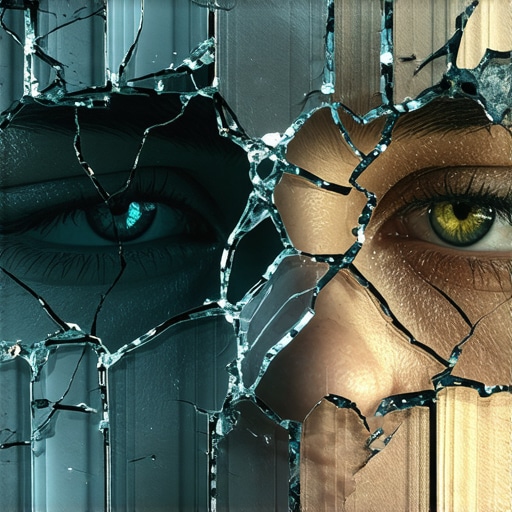 Abstract reflection of inner turmoil in broken mirror, symbolic of inner conflict and transformation