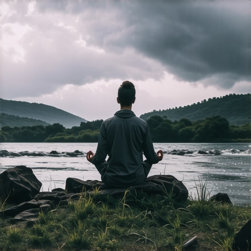 A person meditating by a river during a storm