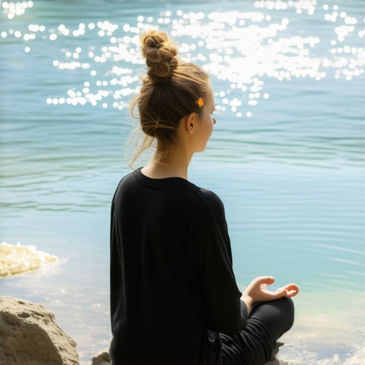 Person meditating beside a calm, clear river in a peaceful natural setting