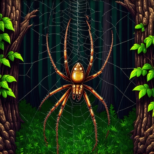 Artistic depiction of a spider weaving a web in a magical forest setting.