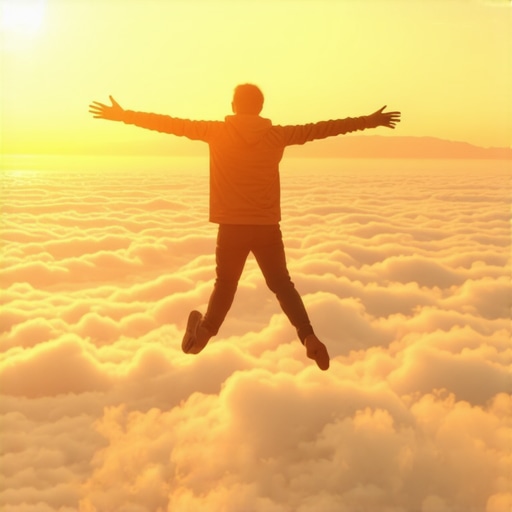 A person flying high above clouds during sunrise, representing freedom and inner power