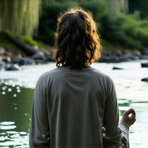 Serene meditation by a river symbolizing inner transformation Person meditating beside flowing river, representing inner peace and emotional cleansing
