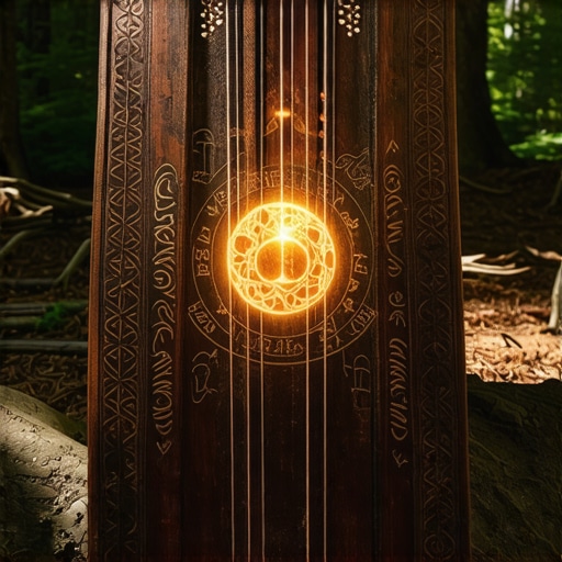 Traditional Serbian gusle instrument with glowing symbols in a mystical forest
