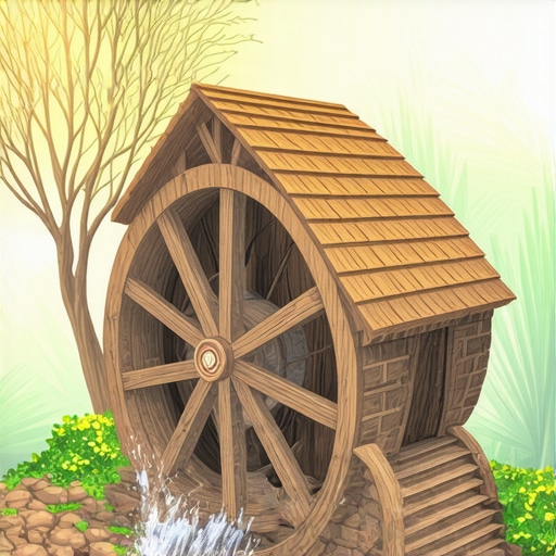 A detailed image of a watermill in nature symbolizing spiritual growth