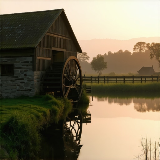 Peaceful watermill in nature symbolizing inner harmony and personal growth.