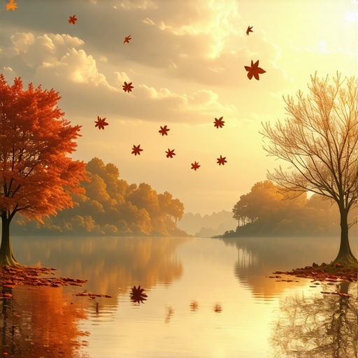 Serene autumn scene with falling leaves and peaceful sky, representing inner change and spiritual insights.