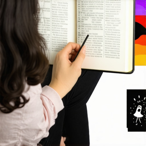 Deep Dream Analysis Person analyzing symbolic dream imagery with journal and abstract background.