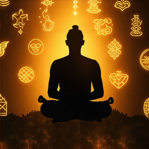 Person meditating with symbols of dreams around, symbolizing introspective spiritual journey