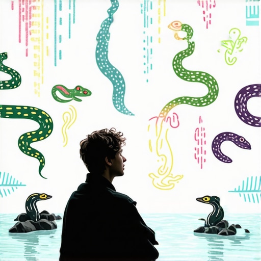 Person contemplating dreams with symbolic imagery around