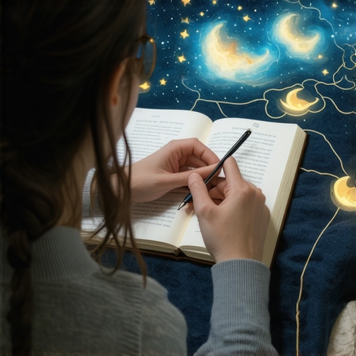 Dream journaling with symbols Person writing in a dream journal surrounded by symbolic imagery