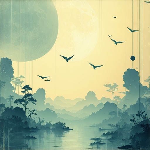 Dream symbols in a mystical night sky Night sky with water, snake, and flying figures representing dreams and symbolism