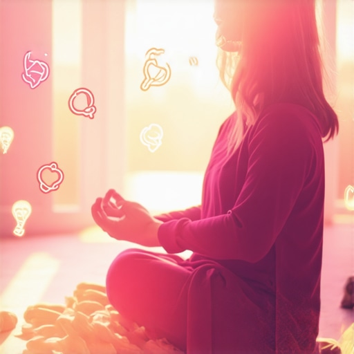 Person meditating with floating dream symbols representing inner transformation.