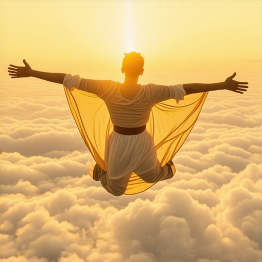 A person soaring above clouds at sunrise, representing inner freedom and spiritual growth.