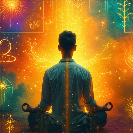 Person meditating with colorful dream symbols around