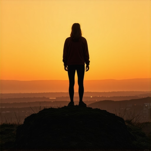 Sanjati nisku visinu i unutrašnje oslobođenje Person standing on a low hill at sunset, representing introspection and personal growth.