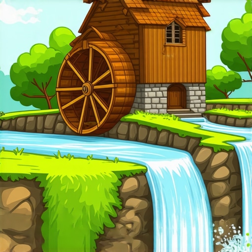 Symbolic Watermill for Inner Transformation A detailed illustration of an old watermill with flowing water symbolizing inner change