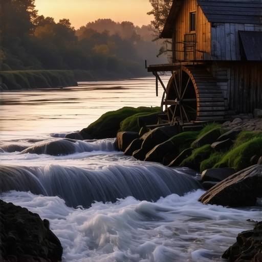 Symbolic Watermill in Nature A peaceful watermill beside a flowing river during sunset, representing transformation and inner peace.