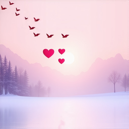 Symbolic snowy landscape with love motifs Dreamlike snowy landscape with hearts and birds representing love and inner harmony