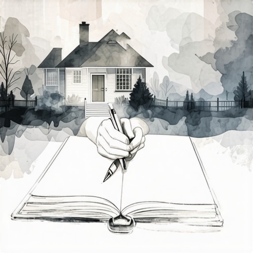 Ilustracija osobe koja zapisuje detalje svog sna o kući u dnevnik snova, sa apstraktnim elementima kuće oko nje.