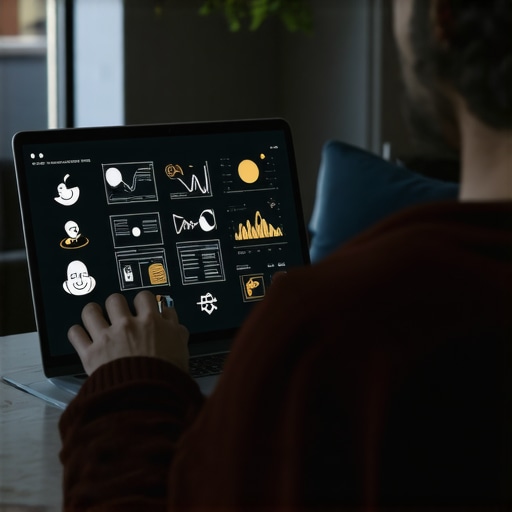 Digital Dream Analysis Tools Person analyzing dreams using a laptop with graphs and symbols on the screen
