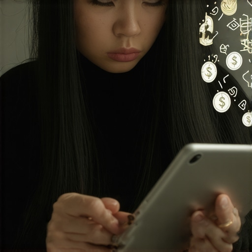 Žena koristi tablet za pregledavanje svog digitalnog dnevnika snova, fokusirajući se na simbole novca i finansijske teme u svojim snovima.