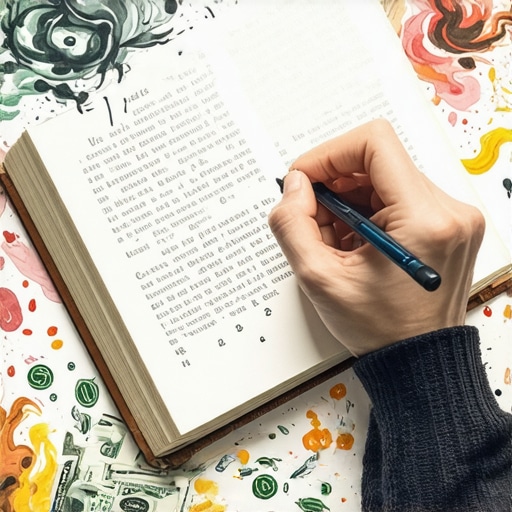 Ilustracija osobe koja zapisuje snove o novcu u dnevnik, okružena apstraktnim simbolima.