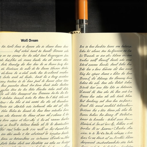 Otvoren dnevnik snova sa beleškama o vuku, simbolizujući ličnu interpretaciju snova