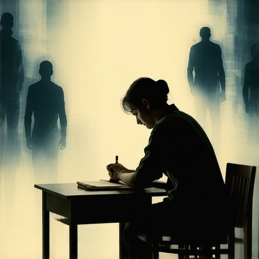 Dnevnik snova: Prvi korak ka razumevanju i suočavanju Osoba piše u dnevniku snova, sa apstraktnim figurama u pozadini koje simbolizuju pretnje iz snova.