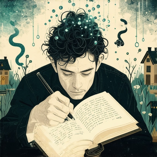 Ilustracija osobe koja vodi dnevnik snova, sa simbolima iz snova koji lepršaju, predstavljajući proces tumačenja